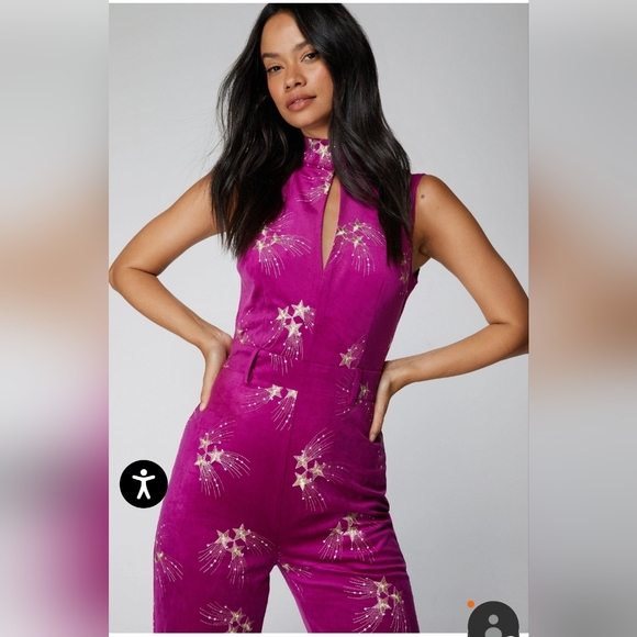 Nasty Gal Purple Velvet Jumpsuit with Gold Floral Design Size 6 EUC - Picture 10 of 10